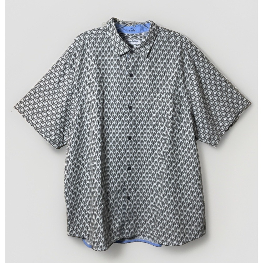 Men's Tommy Bahama Coconut Point Hawaiian Shirt Size 2XL Gray White Geometric